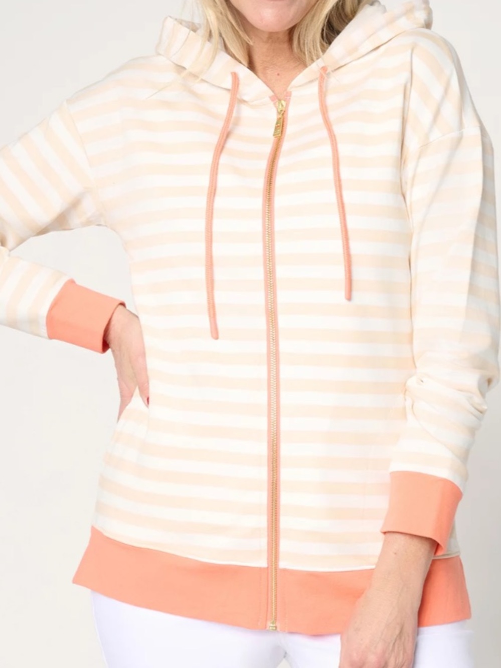 Belle by Kim Gravel Peach & Cream Striped Zip Hoodie